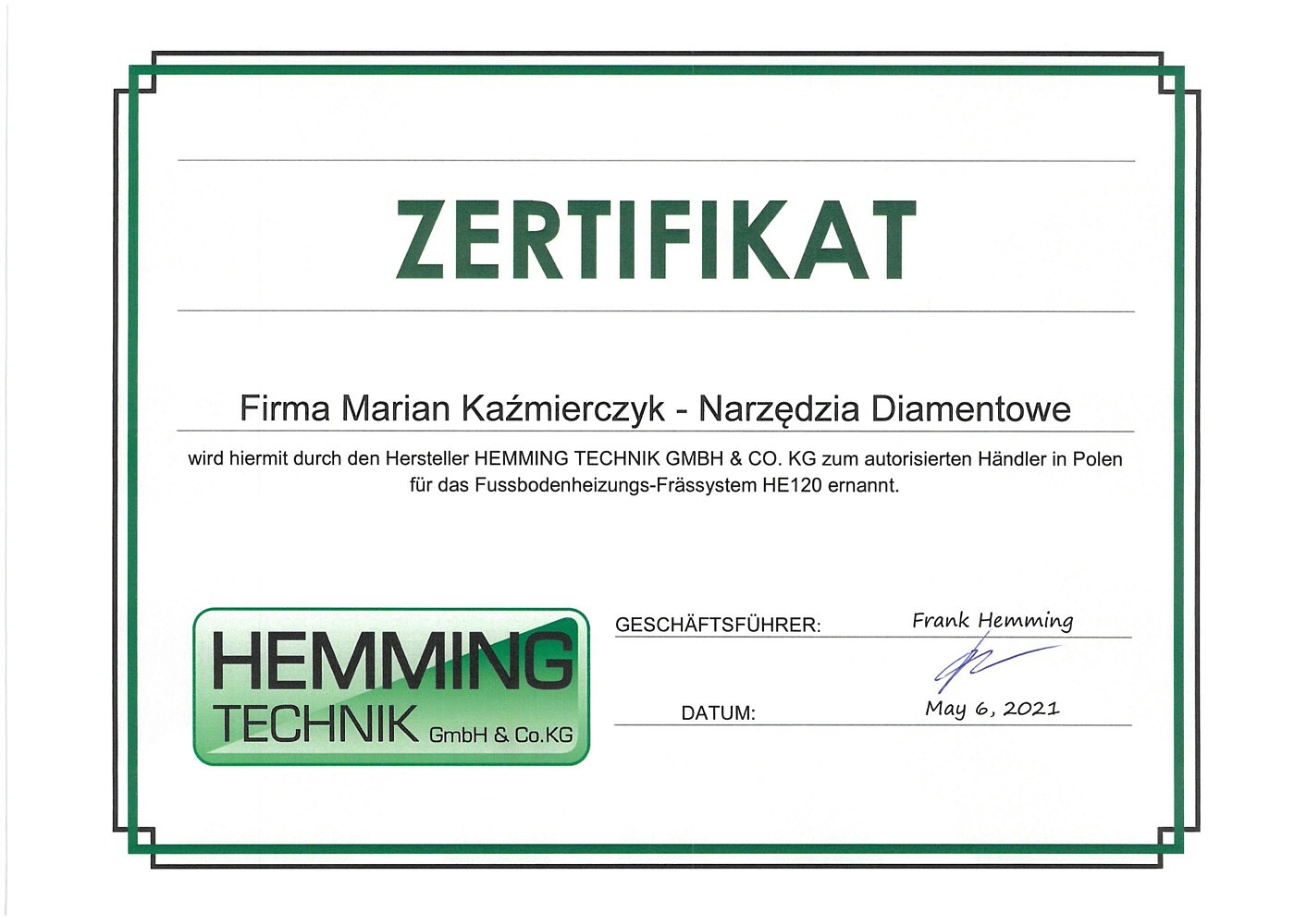 Certyfikat HEMMING